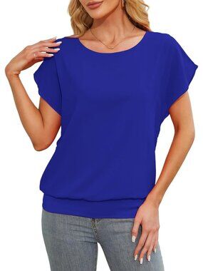 Women's Blue Comfortable Flutter Short Sleeves Chiffon Blouse Casual Dressy Top